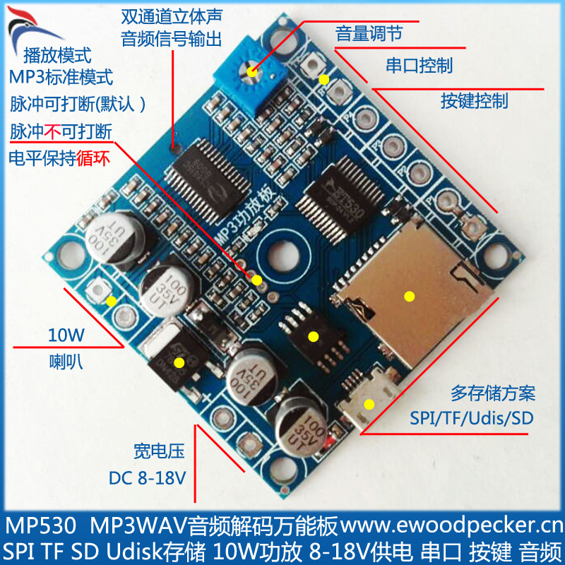 MP530 音频解码模块 10W功放 4开关量控制 串口指令
